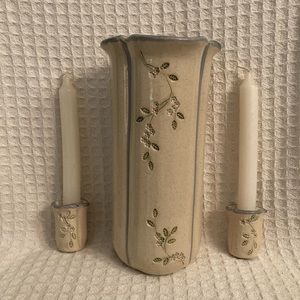 Mountain Meadows Pottery Vase And Candle Stick Holders Set With Flower Pattern